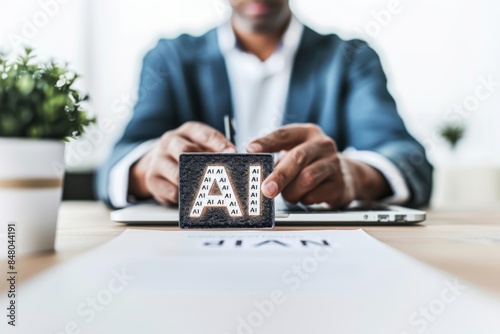 Businessman holding AI logo cube on a modern desk, representing the integration of artificial intelligence in corporate and professional environments.