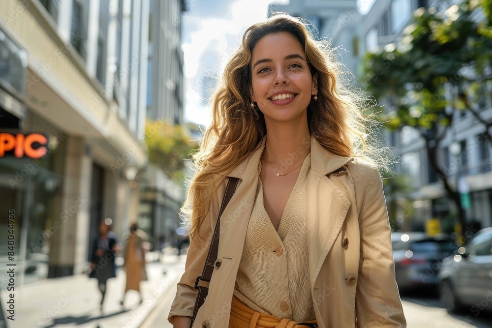 Confident young businesswoman walking in the city with sunlight behind her Confident young businesswoman walking in the city with sunlight behind her
