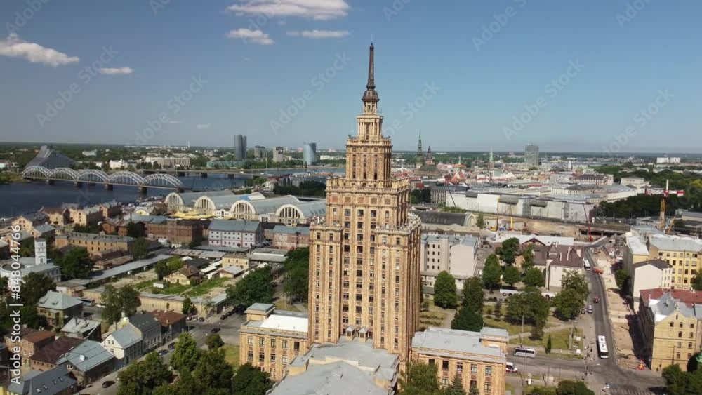 Aerial side slide to Soviet Science house in Riga city centre, June 2023 Aerial side slide to Soviet Science house in Riga city centre, June 2023