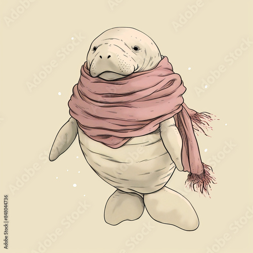 Manatee with a scarf, simple flat line drawing clip art,