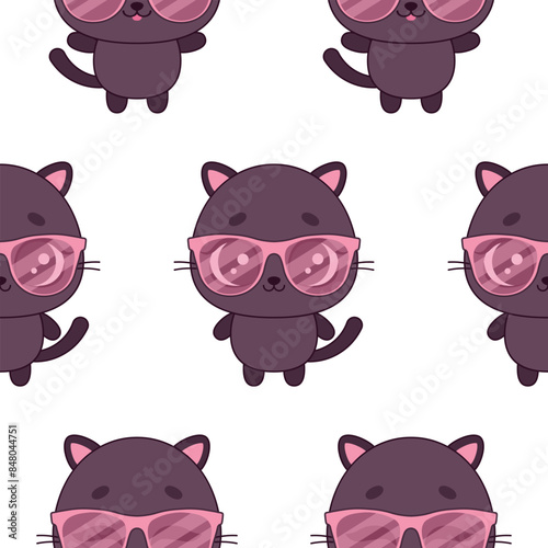 Cute cats with sunglasses on white background. Seamless pattern with kawaii animals. Vector summer illustration. Cool print for kids' clothes.