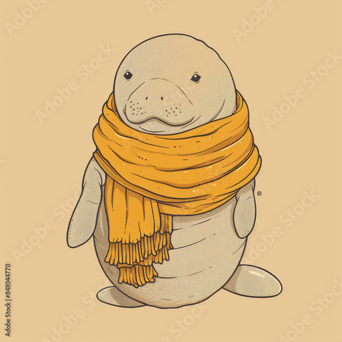 Manatee with a scarf, simple flat line drawing clip art,