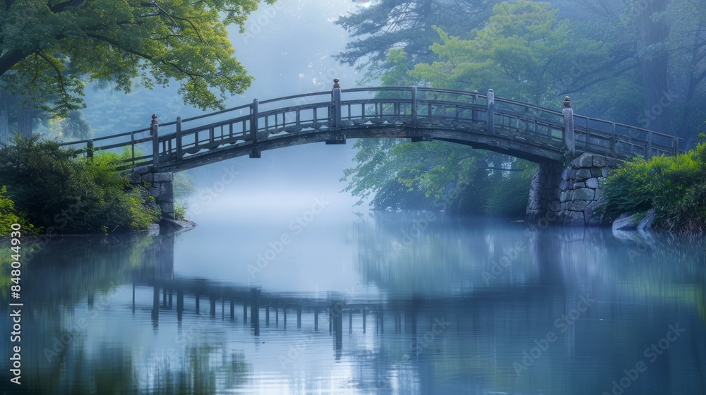 picturesque bridge arching gracefully over a tranquil lake. picturesque bridge arching gracefully over a tranquil lake.