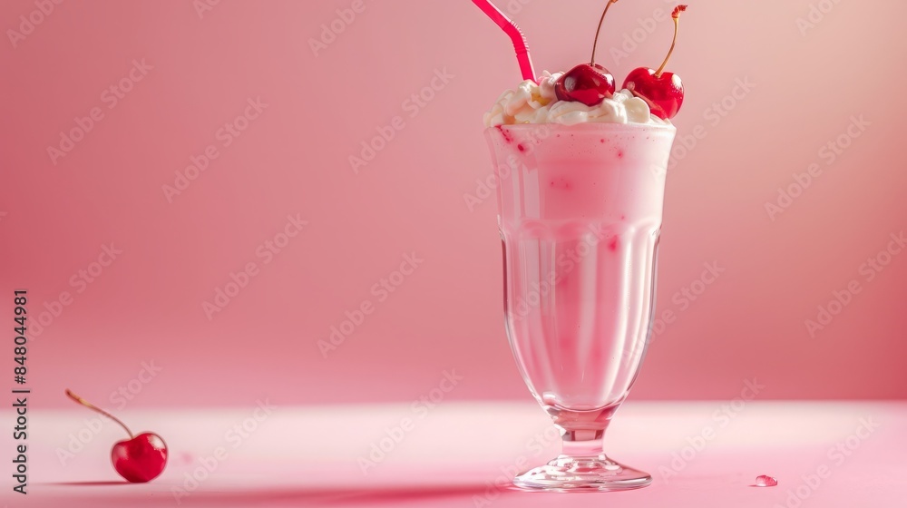Tasty pink milkshake with berries and cream, empty pastel background Tasty pink milkshake with berries and cream, empty pastel background