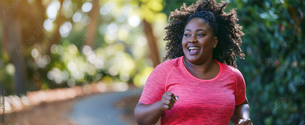 Happy plus size black woman jogging outdoors in a park to lose weight. Obesity fitness goals. Inclusion & diversity in sport