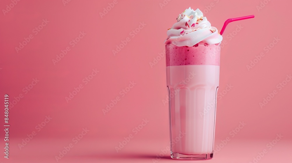 Tasty pink milkshake with berries and cream, empty pastel background Tasty pink milkshake with berries and cream, empty pastel background