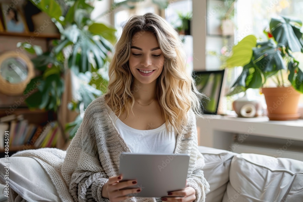 Relaxed young woman with tablet smiling, sitting in a comfortable home setting Relaxed young woman with tablet smiling, sitting in a comfortable home setting