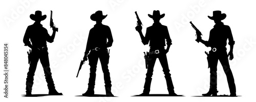 Silhouettes of Cowboy Gunslingers Holding Pistols in Various Poses
