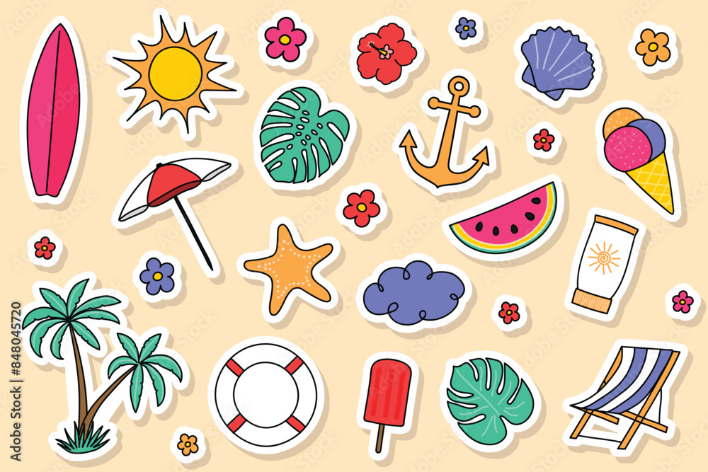 Fototapeta premium Colourful summer icon set. Hand drawn stickers. Vector illustration.