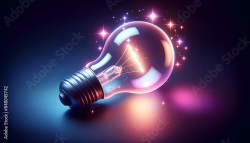 a glowing light bulb lying on its side, emitting a soft warm purple light. The light reflects off a dark surface, creating a mix of blue and pink reflections.