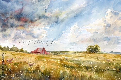 Serene Countryside Farming Scene. Watercolor Rural Landscape Illustration