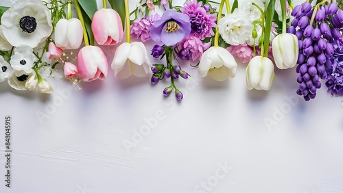 Heads of flowers white anemones pink tulips white buttercups violet veronica blossom plum grape hyacinths on white background from the top