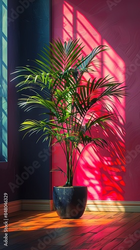 Tropical summer background with colorful wall, palm and stylish sunlight shadows. Luxury hotel resort exterior for product placement. Outdoor vacation holiday house scene. Nature aesthetic wallpaper