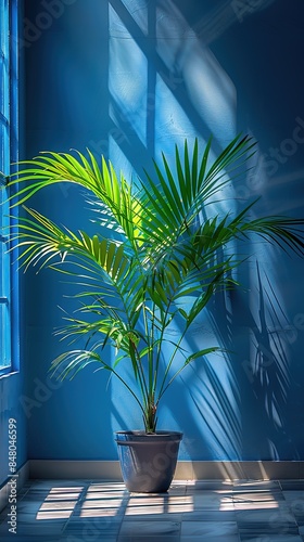 Tropical summer background with colorful wall, palm and stylish sunlight shadows. Luxury hotel resort exterior for product placement. Outdoor vacation holiday house scene. Nature aesthetic wallpaper