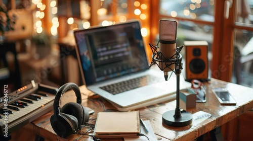 A chic podcast recording setup with a condenser microphone, laptop, headphones, and musical keyboard in the background