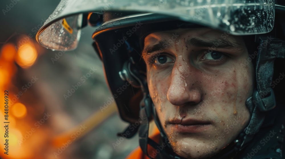 A close-up portrait of a firefighter with his helmet on, looking intently at a fire A close-up portrait of a firefighter with his helmet on, looking intently at a fire