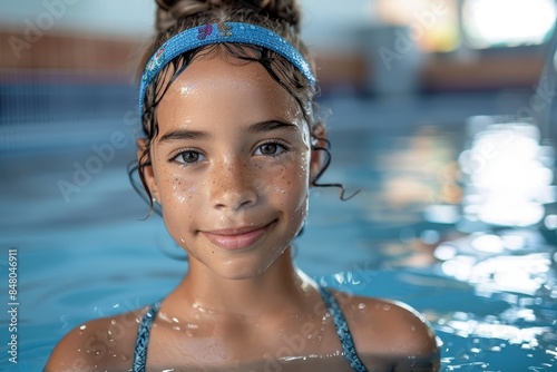 Confident girl with a sun hat in a swimming pool, with a relaxed and content expression