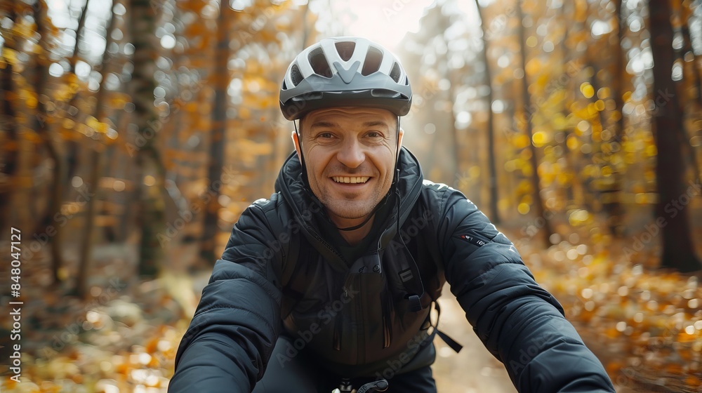 A cheerful cyclist enjoys a sunny autumn ride through a forest path, surrounded by golden foliage and nature's serenity. A cheerful cyclist enjoys a sunny autumn ride through a forest path, surrounded by golden foliage and nature's serenity.