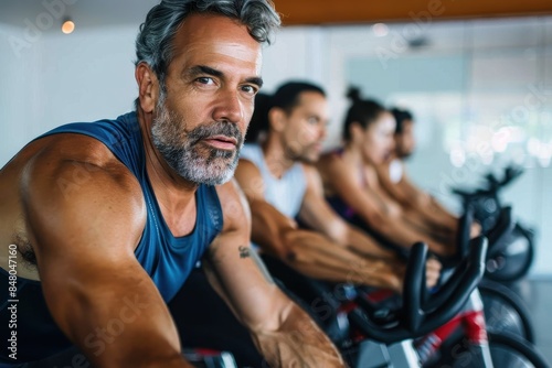 Mature man with grey hair wearing blue tank top exercising on an indoor cycling bike at a gym photo