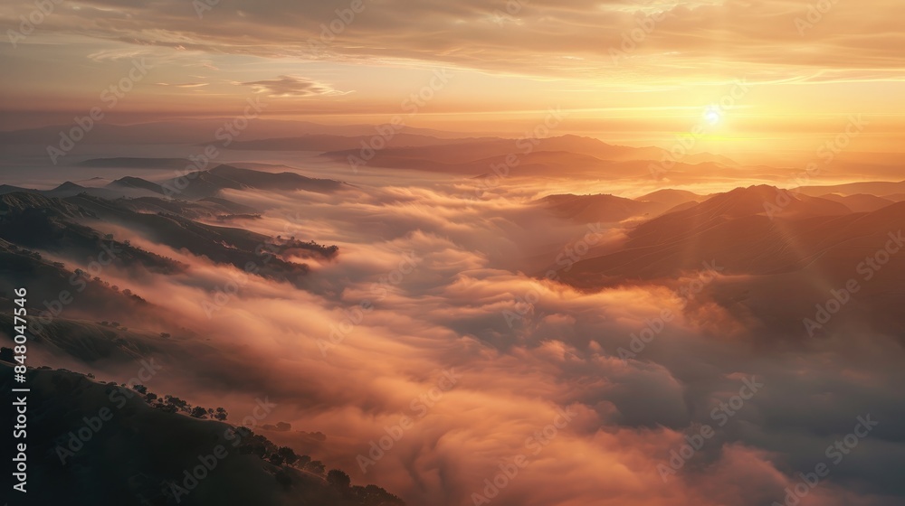 Scenic view of fog covered valley with mountains and hills at sunset Scenic view of fog covered valley with mountains and hills at sunset