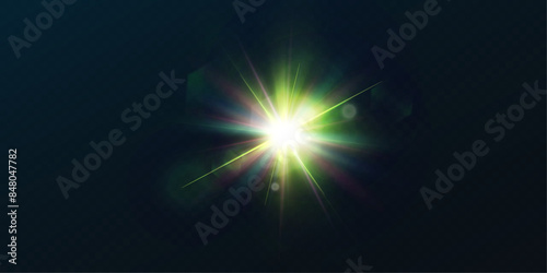 Light effect of green glowing light. Solar flare. Glow effect. Starbursts with twinkling highlights. Beautiful light effect of flickering highlights. Vector 10 EPS	
