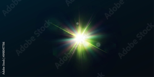 Light effect of green glowing light. Solar flare. Glow effect. Starbursts with twinkling highlights. Beautiful light effect of flickering highlights. Vector 10 EPS	
