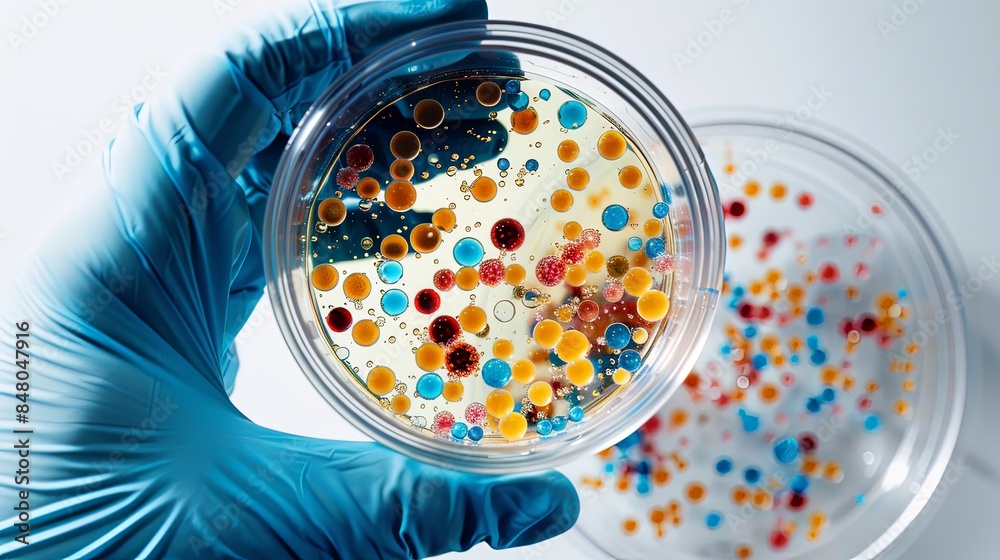 Hand holding petri dish with microbe colony sample on white background
