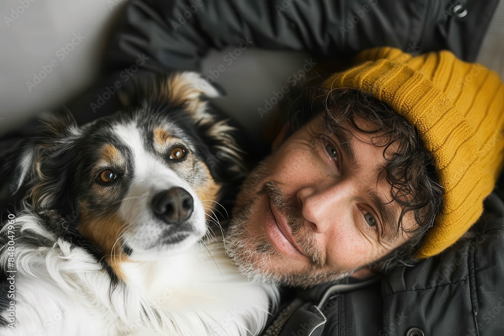 A close-up image of a dog snuggling with an unidentifiable person wearing a black jacket and a yellow glove A close-up image of a dog snuggling with an unidentifiable person wearing a black jacket and a yellow glove