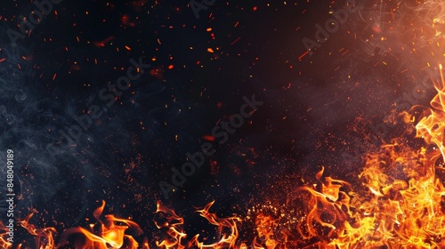 Fire spark overlay with smoke and flame background. Grill heat glow . Realistic flying orange sparkle abstract illustration. Hell bonfire fiery with hot cinder