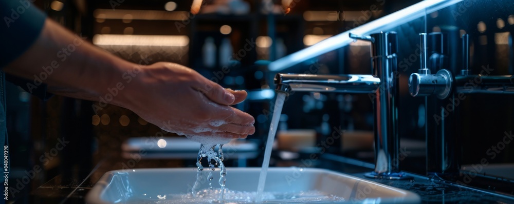 Washing hands in front of the sink in dark luxury bathroom, antibacterial concept banner. Generative AI. Washing hands in front of the sink in dark luxury bathroom, antibacterial concept banner. Generative AI.