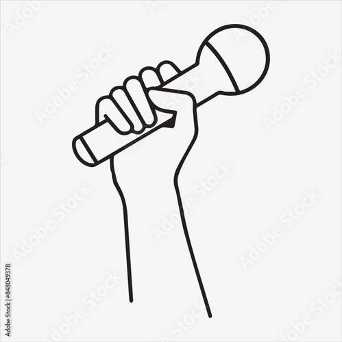 grabbing microphone By hand line art vector silhouette illustration