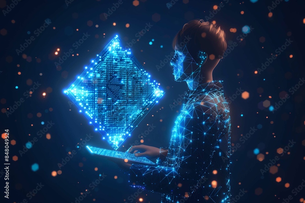 Fototapeta premium Abstract businessman is holding tablet with a blockchain hologram. Digital innovation or fintech concept. Futuristic low poly metaverse in technological blue. Vector 3D illustration of cryptocurrency 