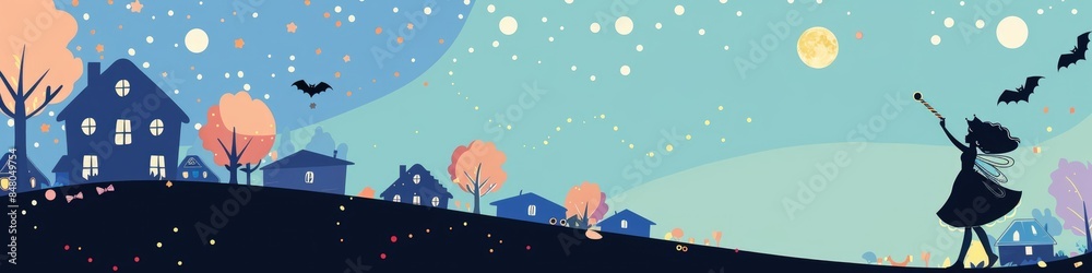 Naklejka premium A cartoon illustration of a young girl with fairy wings casting a spell in front of a town with houses, trees, and stars in the night sky