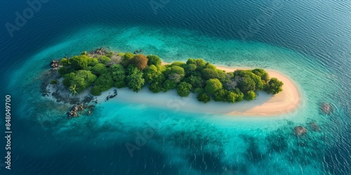 Aerial view of a tropical island surrounded by crystal-clear turquoise waters and lush green vegetation under bright sunlight.
