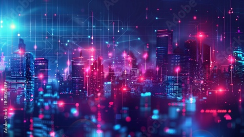 Vector illustration urban architecture, cityscape with space and neon light effect. Modern hi-tech, science, futuristic technology concept. Abstract digital high tech city design for banner background © tayyaba