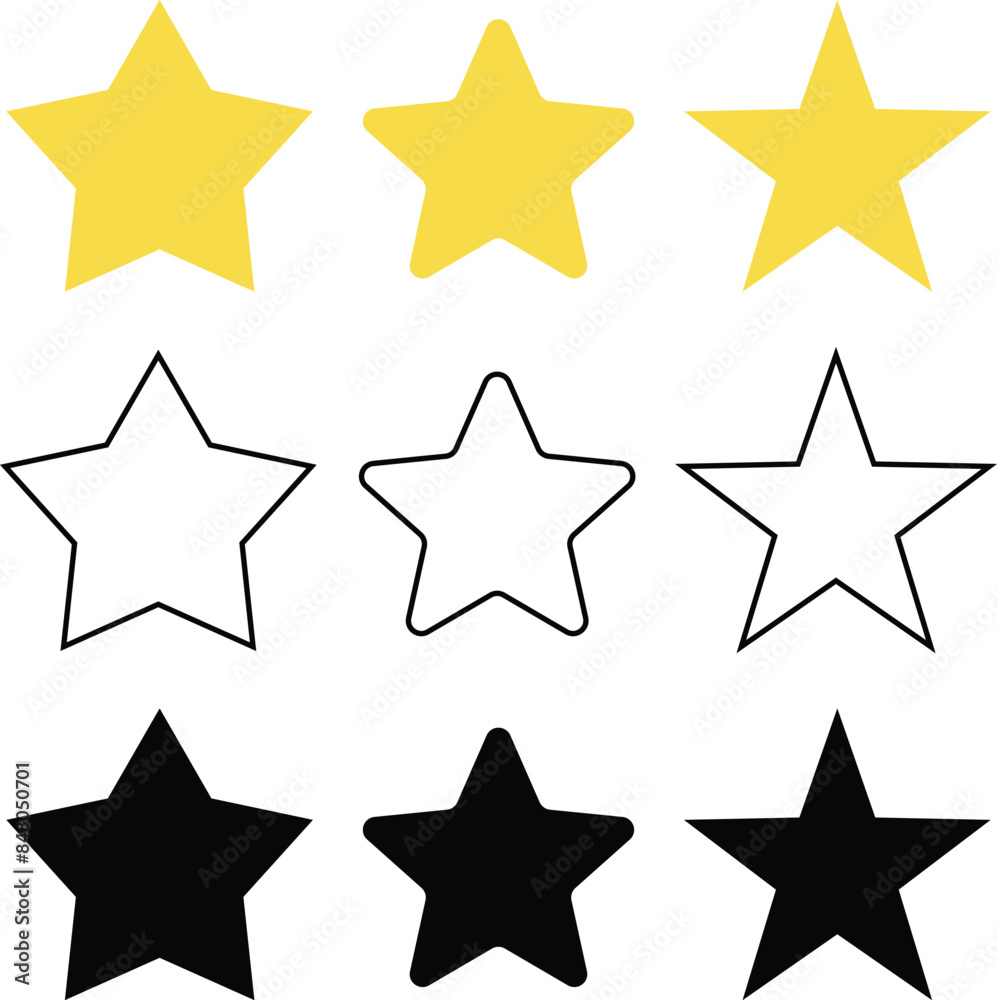 set of stars with yellow color, outline black, and black set of stars with yellow color, outline black, and black