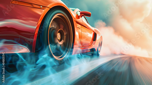 An image of a fast car going a high speed with smoking brakes photo