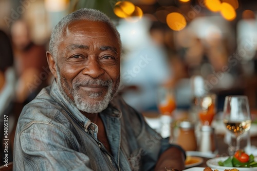 An older African American gentleman with a warm smile enjoying his time in a casual dining restaurant