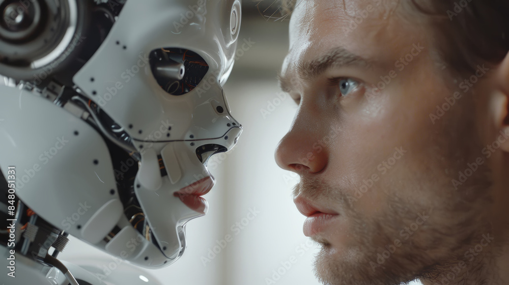 A close up image of a man staring at a humanoid robot. The android has a realistic face and is looking at the man