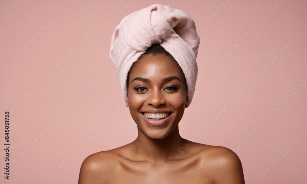 Portrait of beautiful smiling half naked African American woman with clean healthy skin and perfect white teeth wearing bath towel oh her head against pink background. Skincare routine, spa treatment Portrait of beautiful smiling half naked African American woman with clean healthy skin and perfect white teeth wearing bath towel oh her head against pink background. Skincare routine, spa treatment