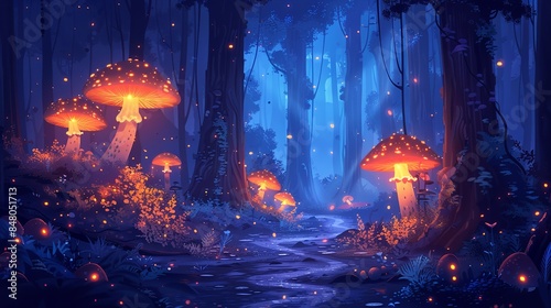 A digital painting of a magical forest with glowing mushrooms and a winding path