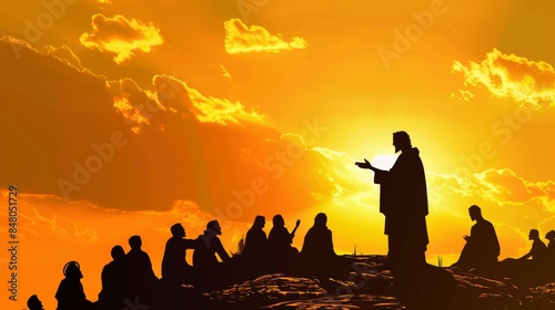 Jesus preaching sermon on mountain top  silhouette of biblical gospel teaching ministry