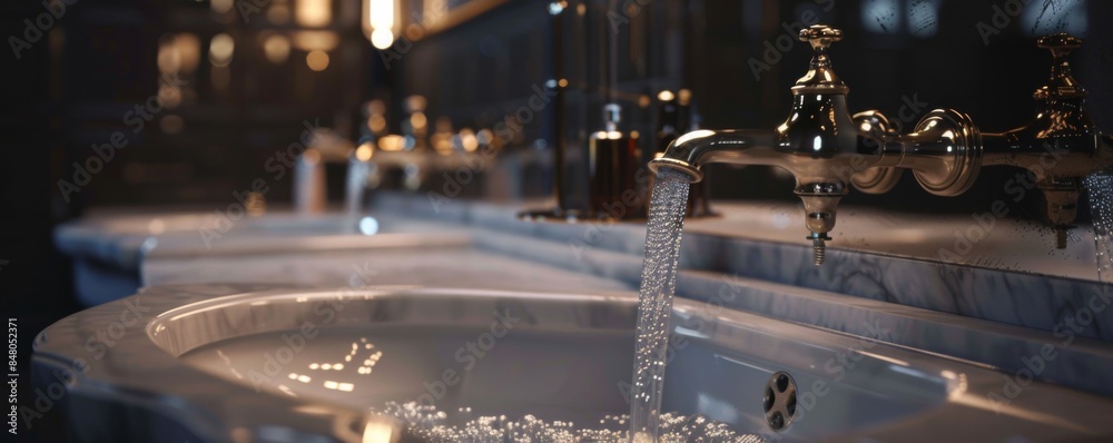 Washing hands in front of the sink in dark luxury bathroom, antibacterial concept banner. Generative AI. Washing hands in front of the sink in dark luxury bathroom, antibacterial concept banner. Generative AI.