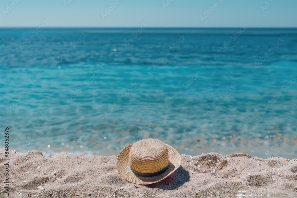 A hat sitting on top of a sandy beach, perfect for outdoor relaxation A hat sitting on top of a sandy beach, perfect for outdoor relaxation