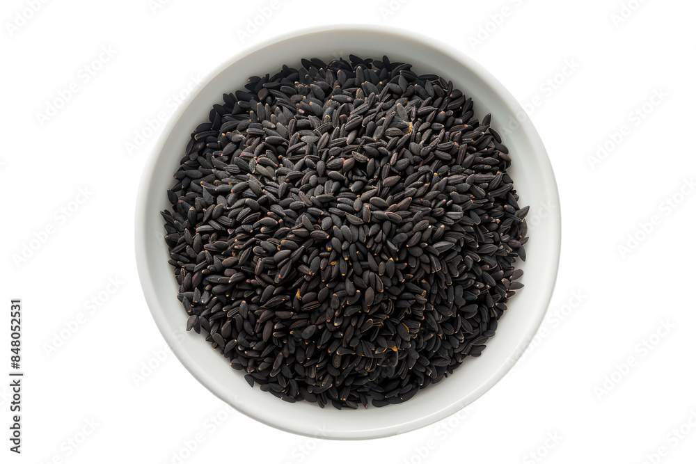 Black cumin seeds in white bowl isolated on transparent background Black cumin seeds in white bowl isolated on transparent background