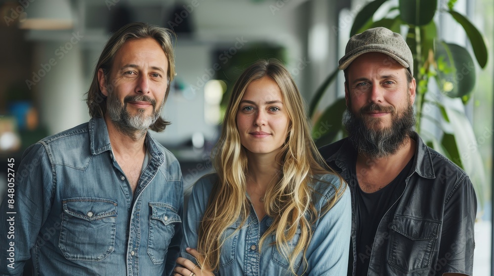 Fototapeta premium Three friends in denim clothing pose together for a group portrait