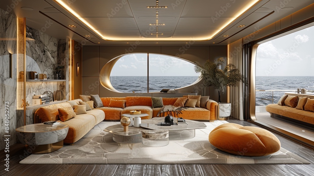 Interior mockup of a modern luxury yacht in weathered wood and marble and gold