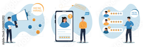 Hiring illustrations set. Hr managers searching new employee, reading CV and giving job candidate review. Recruitment agency concept. Vector illustration isolated on background