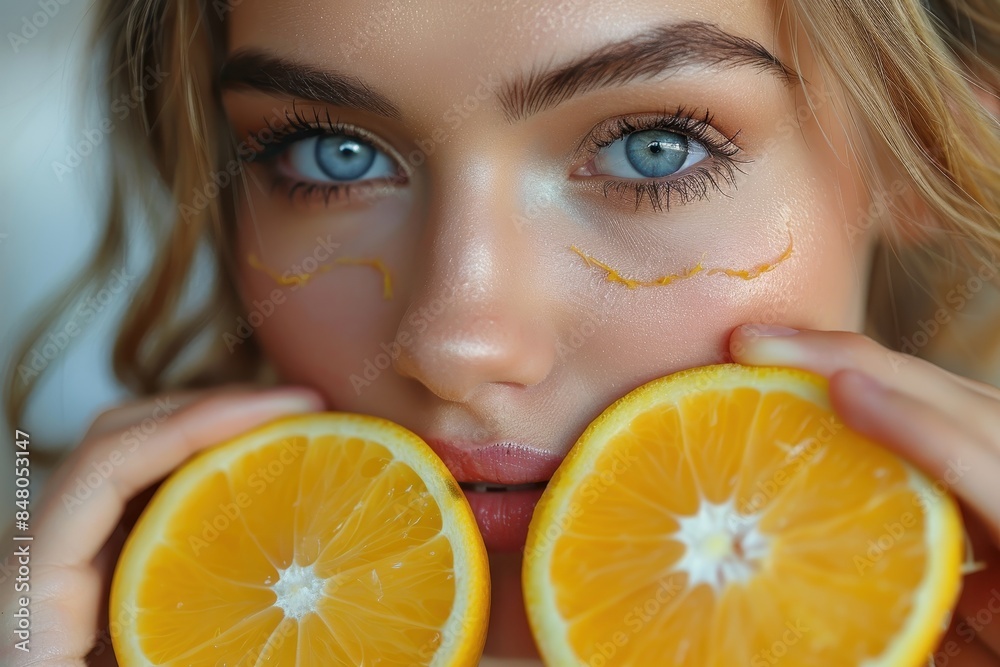 A young lady with artificial orange juice tears playfully poses with two orange slices, beauty concept A young lady with artificial orange juice tears playfully poses with two orange slices, beauty concept