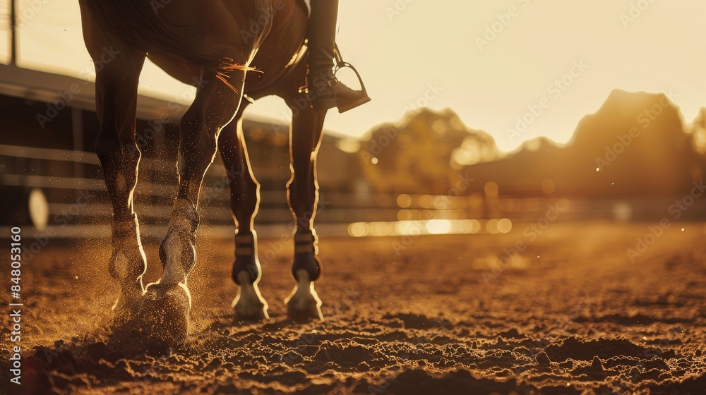 Fototapeta premium Close-up of horse hooves and legs with rider at sunset on a sandy riding arena. Warm and serene equestrian scene capturing the golden light.